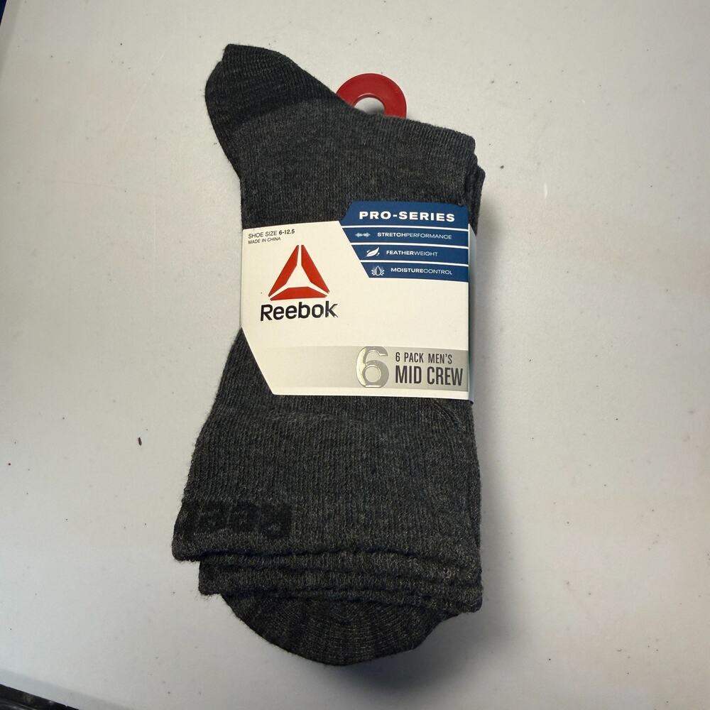Reebok Men's Gray Cushion Mid Crew Socks, 6-Pack "Pro - Series"